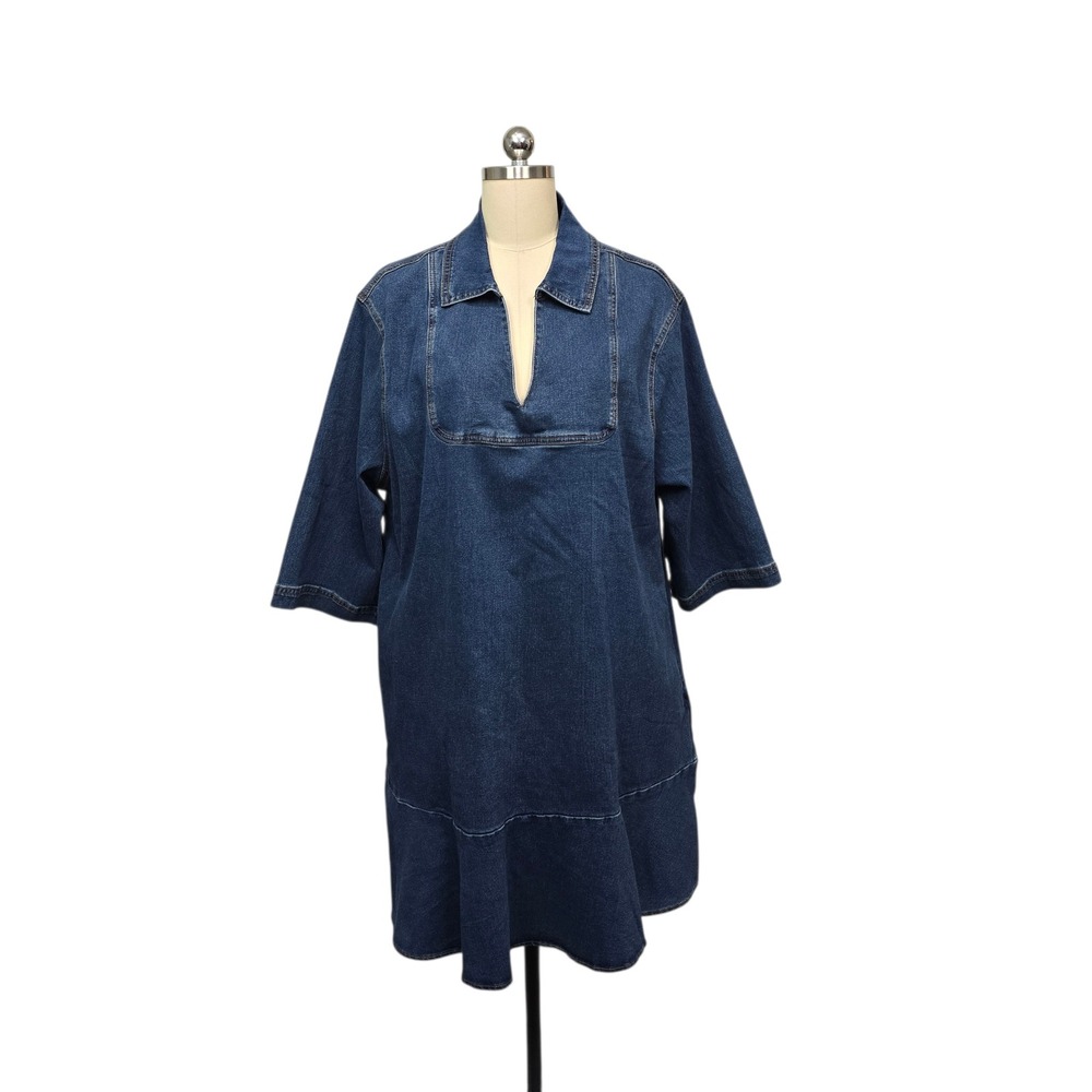 NWT Lovelo Womens Plus Size 1XL Denim Shift Dress Dark Wash V-Neck 3/4 Sleeve